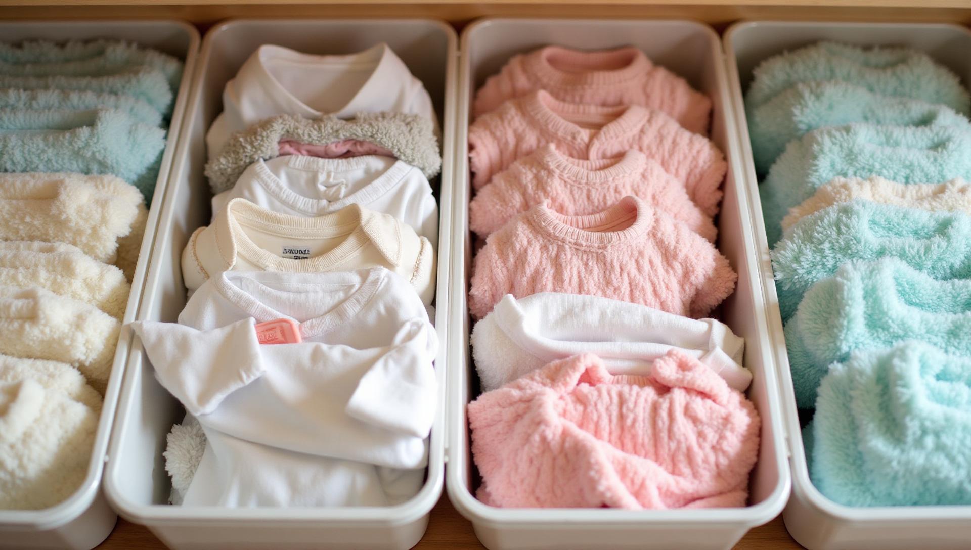 Neatly organized baby clothes in storage bins showing proper organization methods