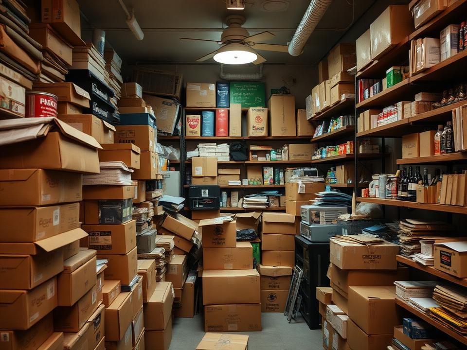 Cluttered business backroom with overflowing inventory and boxes