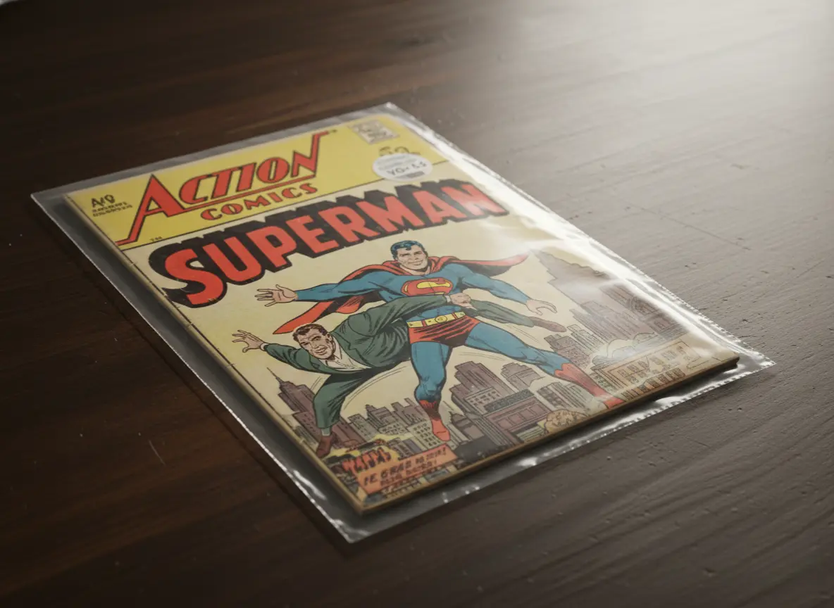 Comic books in protective sleeves organized in storage boxes