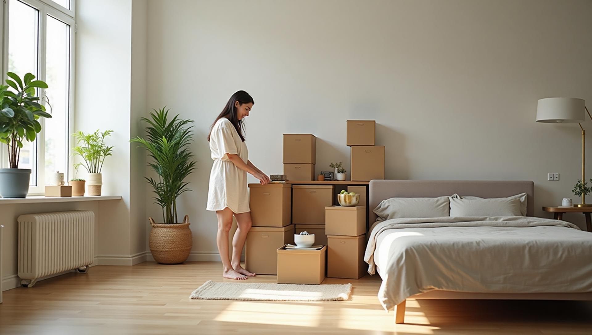 Person organizing items in a clean, decluttered home with storage boxes