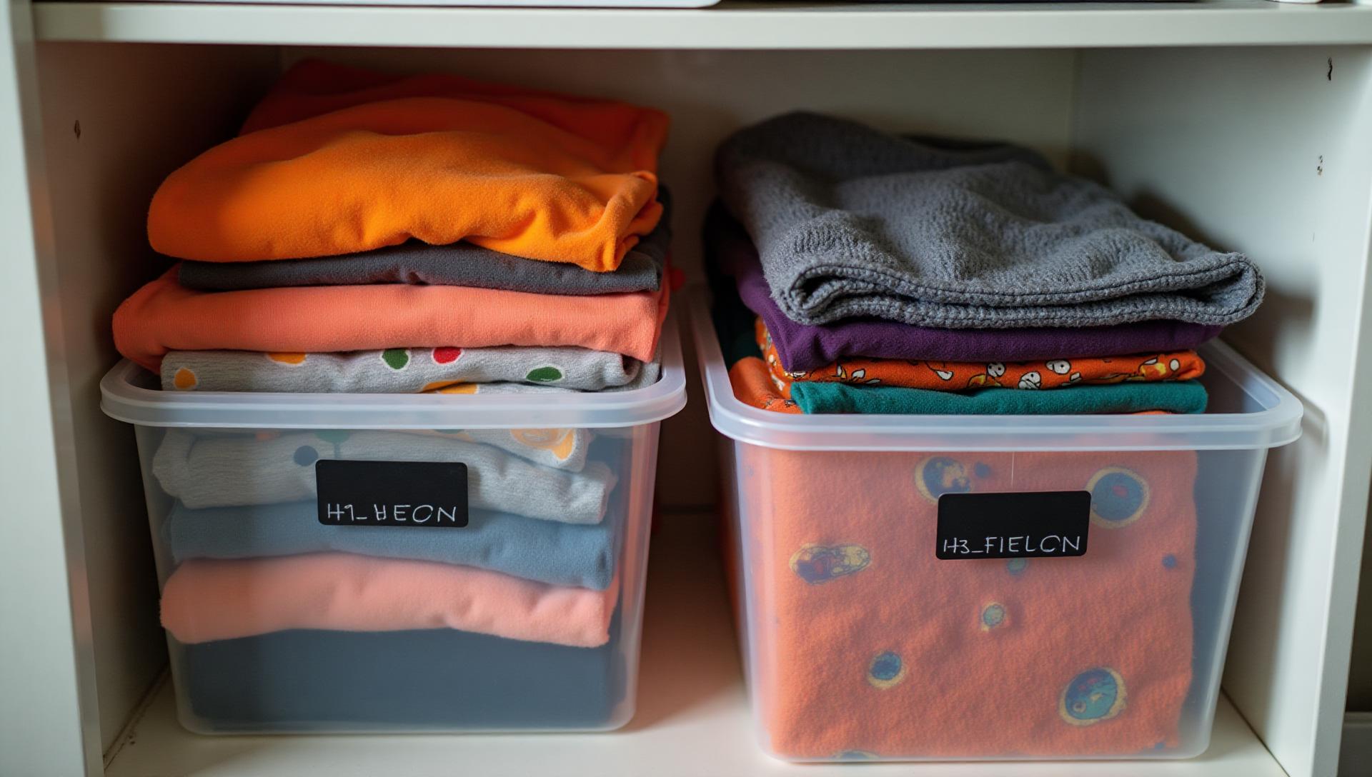 Halloween costumes neatly organized in clear storage containers