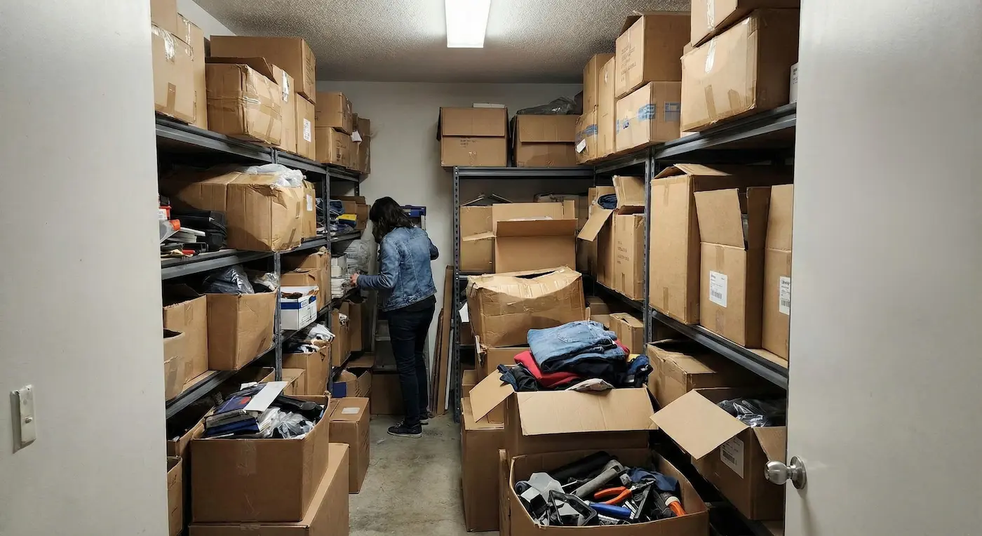 Cluttered back room of a small business overflowing with inventory