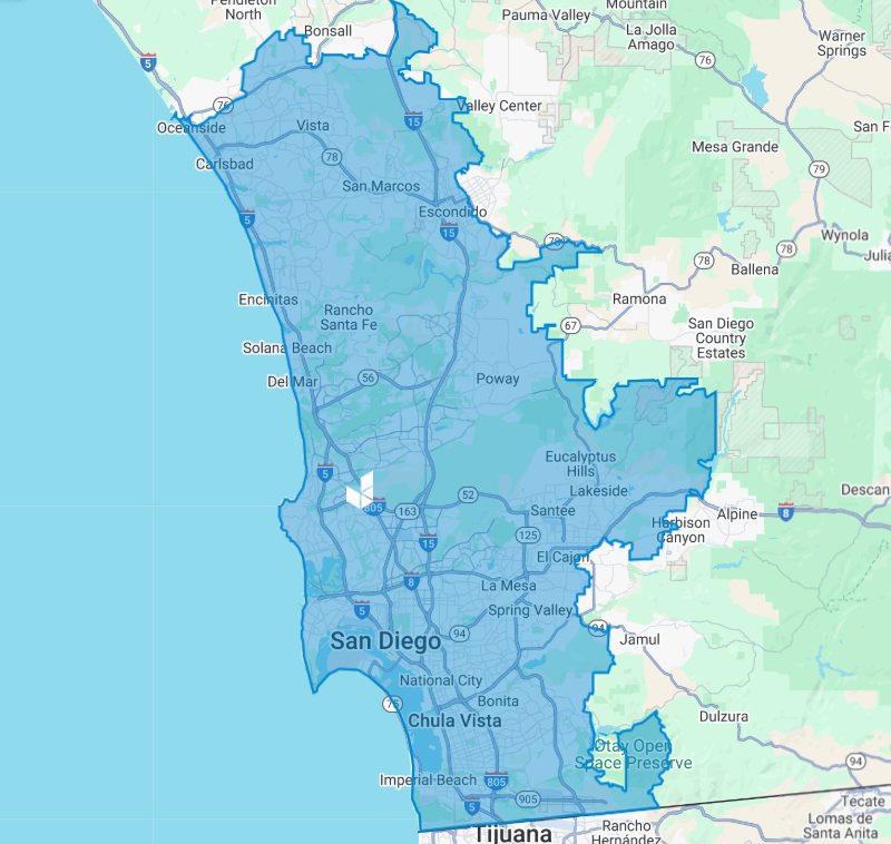 Juujbox service area map covering San Diego County including Downtown, La Jolla, Pacific Beach, Mission Valley, Chula Vista, and surrounding areas