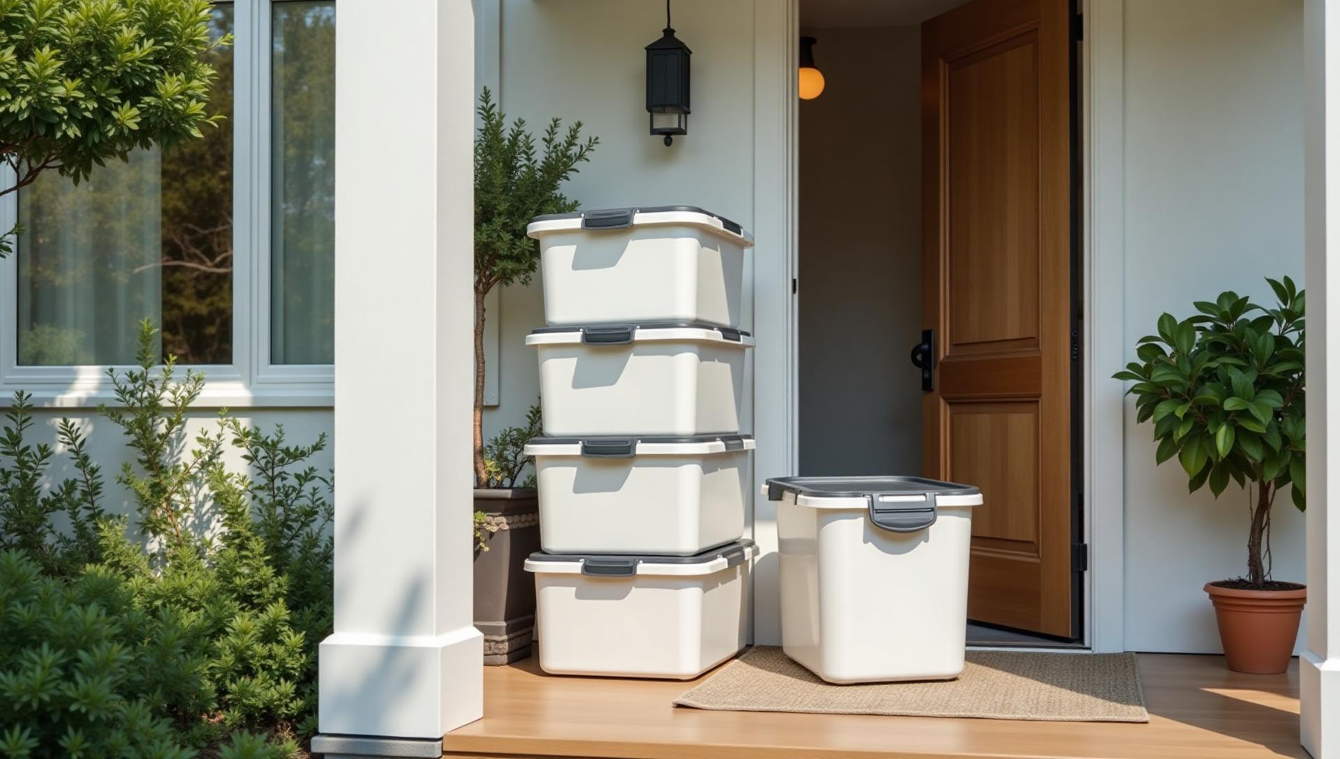 Portable storage bins being delivered to a home with professional service