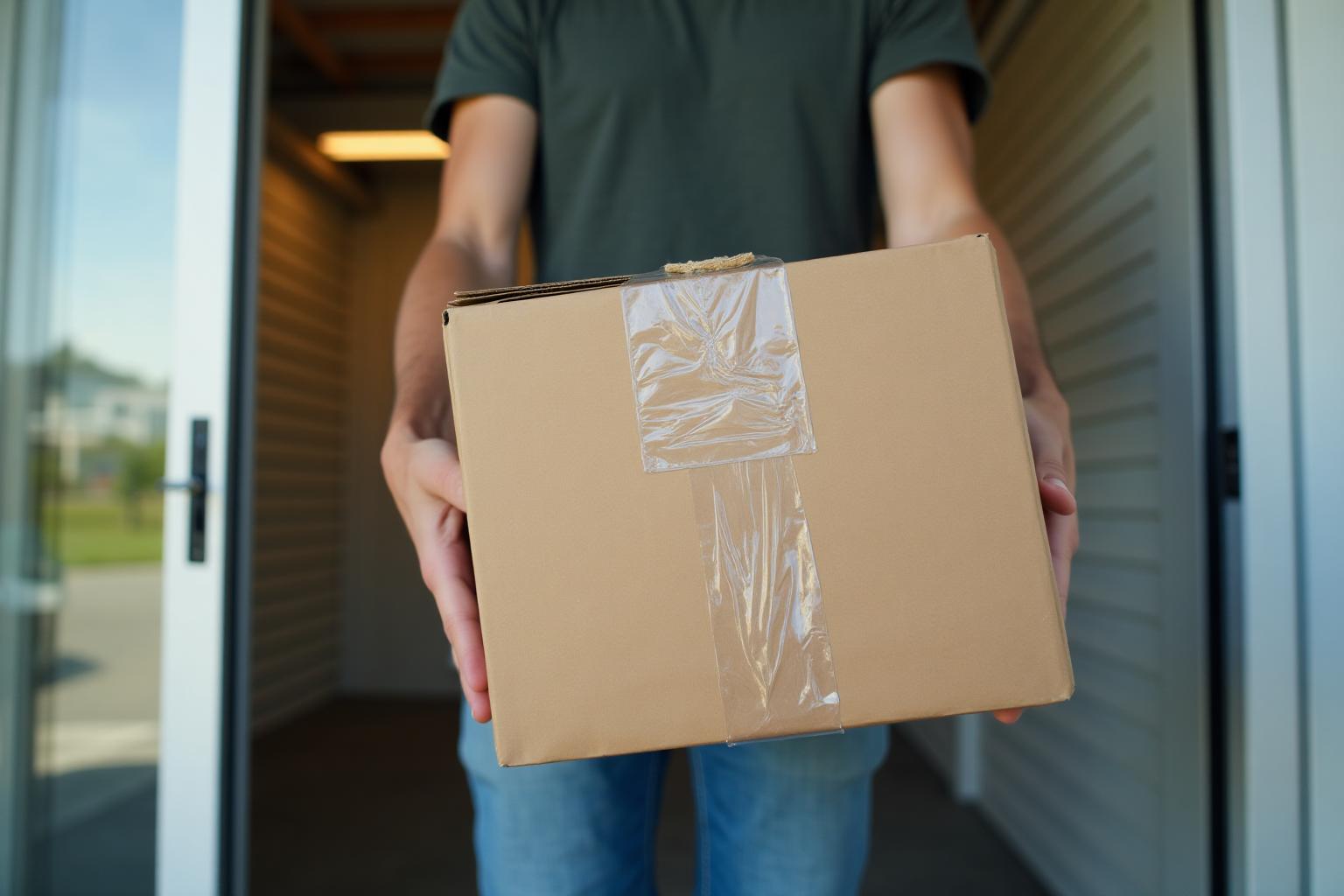 Person delivering a shipping box to a modern self-storage facility