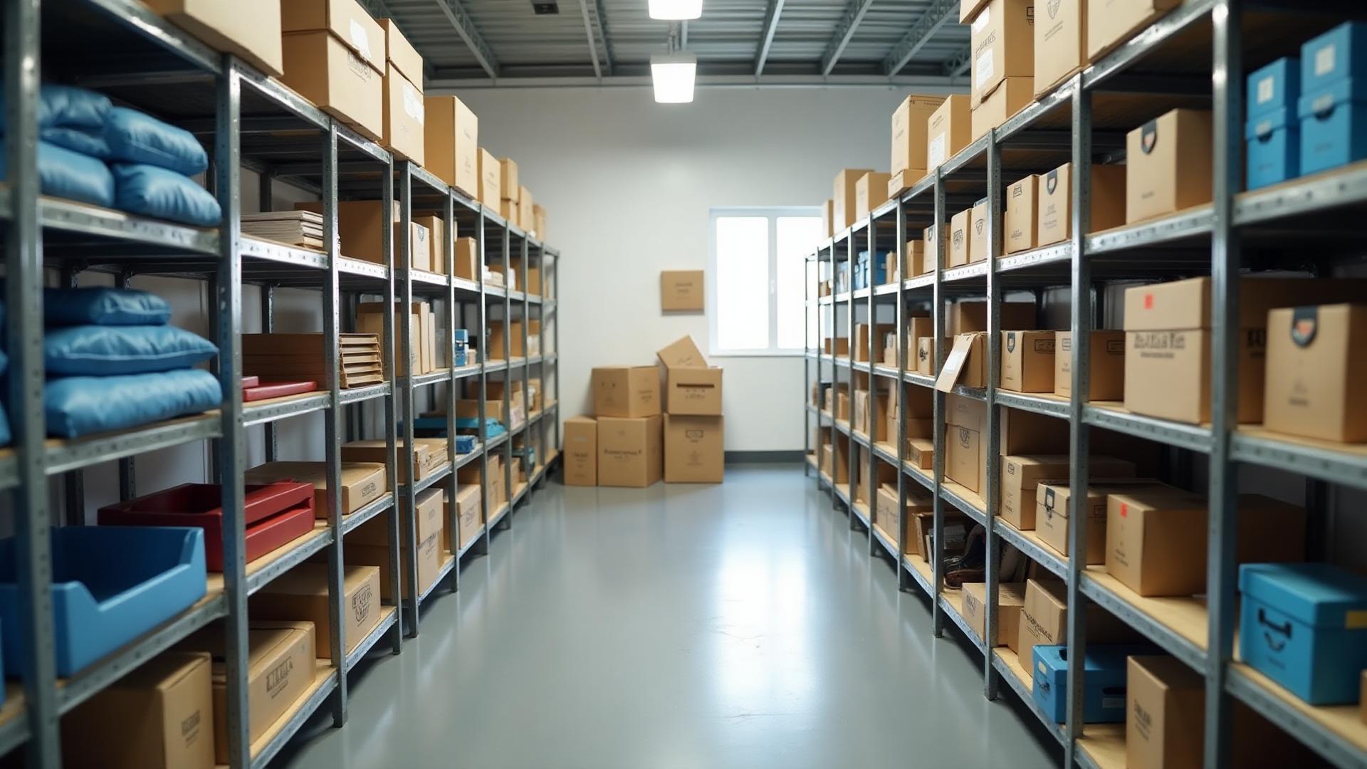 Compact organized storage unit interior with boxes and shelving