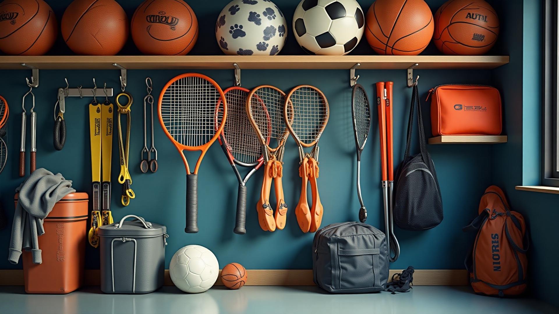 Organized sports equipment on shelves including balls, rackets, and gear