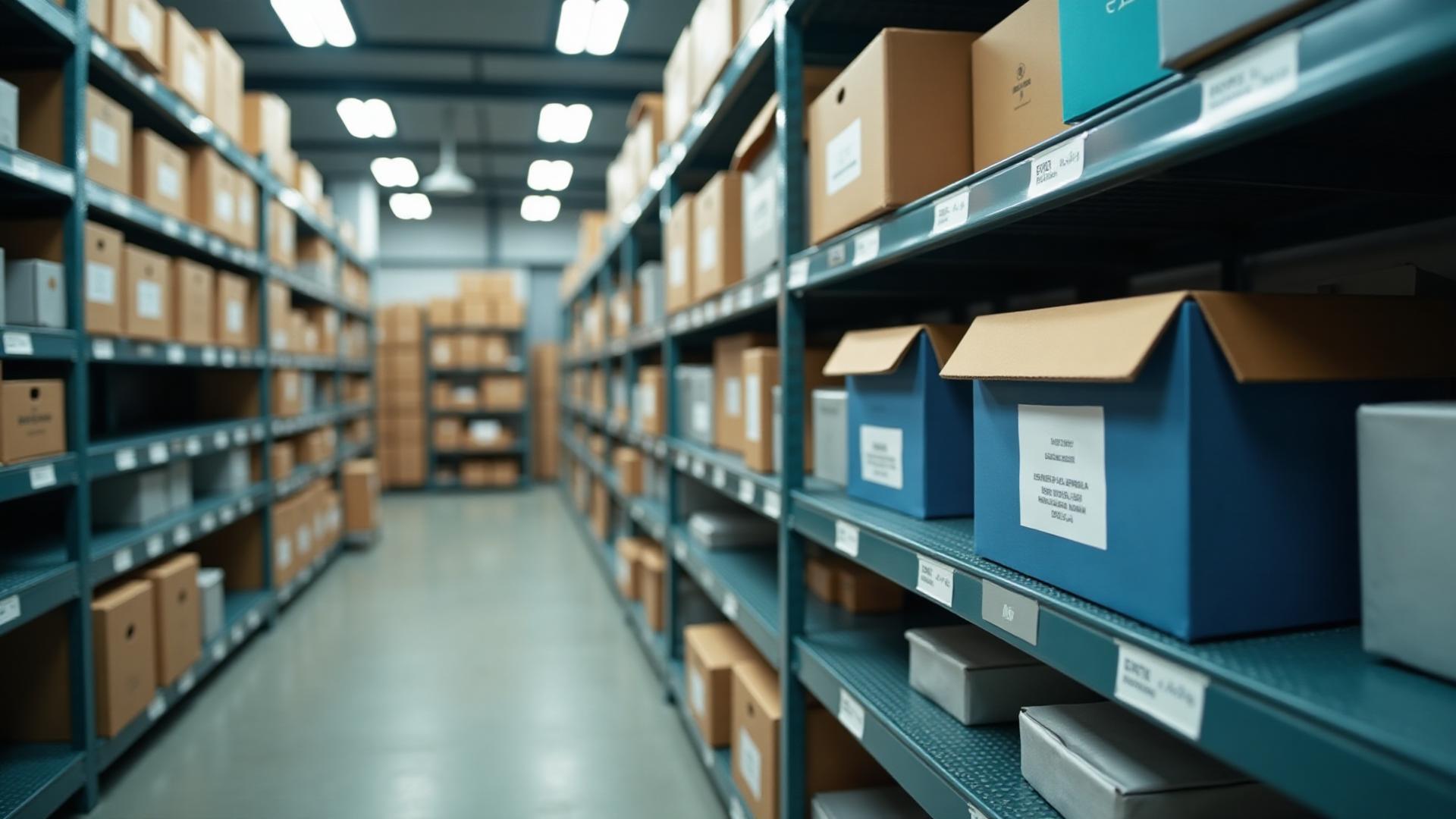 Organized storage unit with labeled boxes and shelves