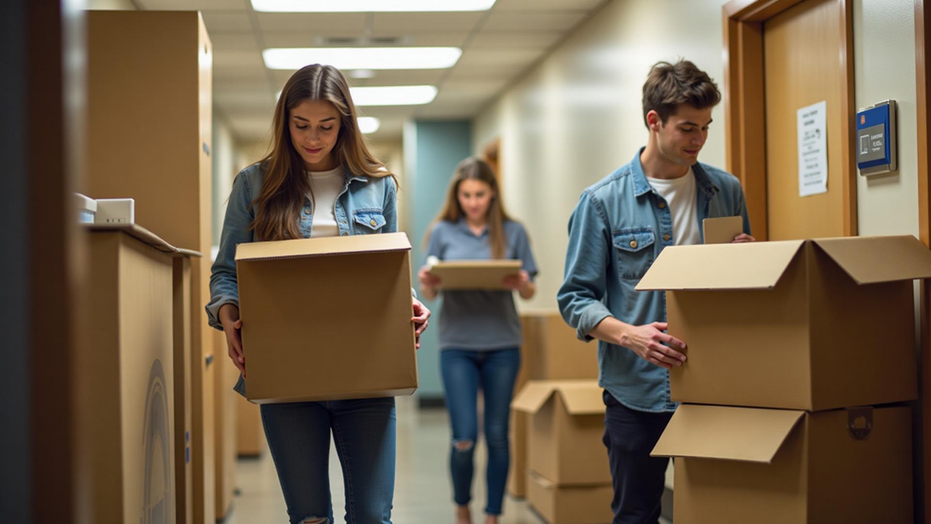 College students packing boxes for summer storage