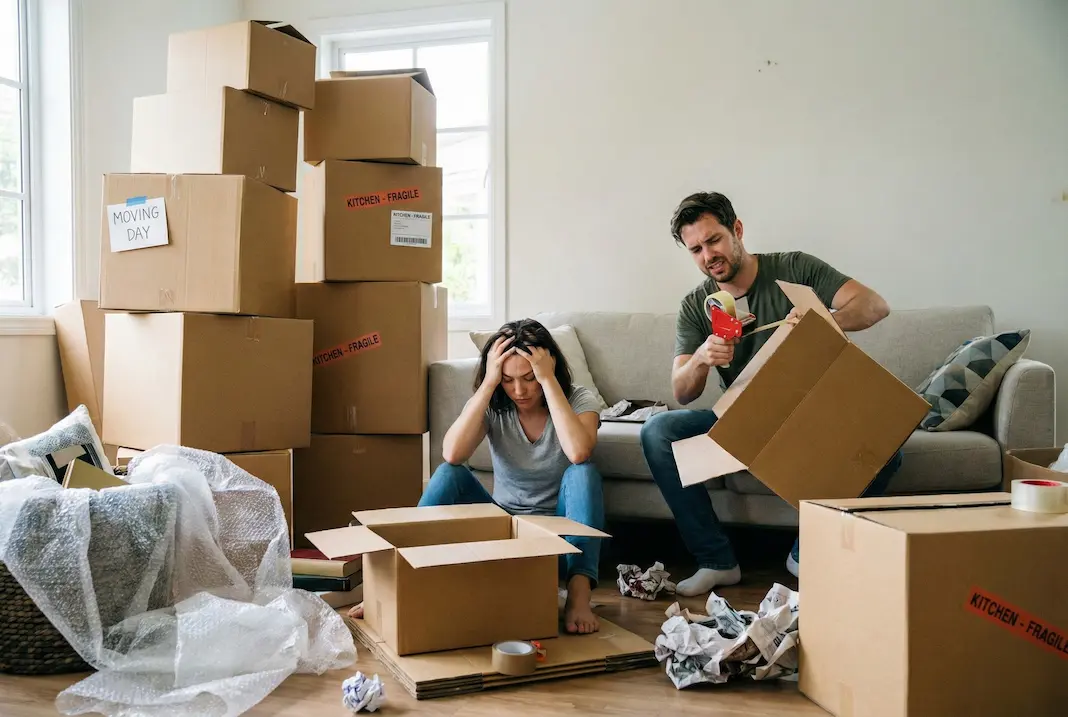 Stressed couple surrounded by messy cardboard moving boxes
